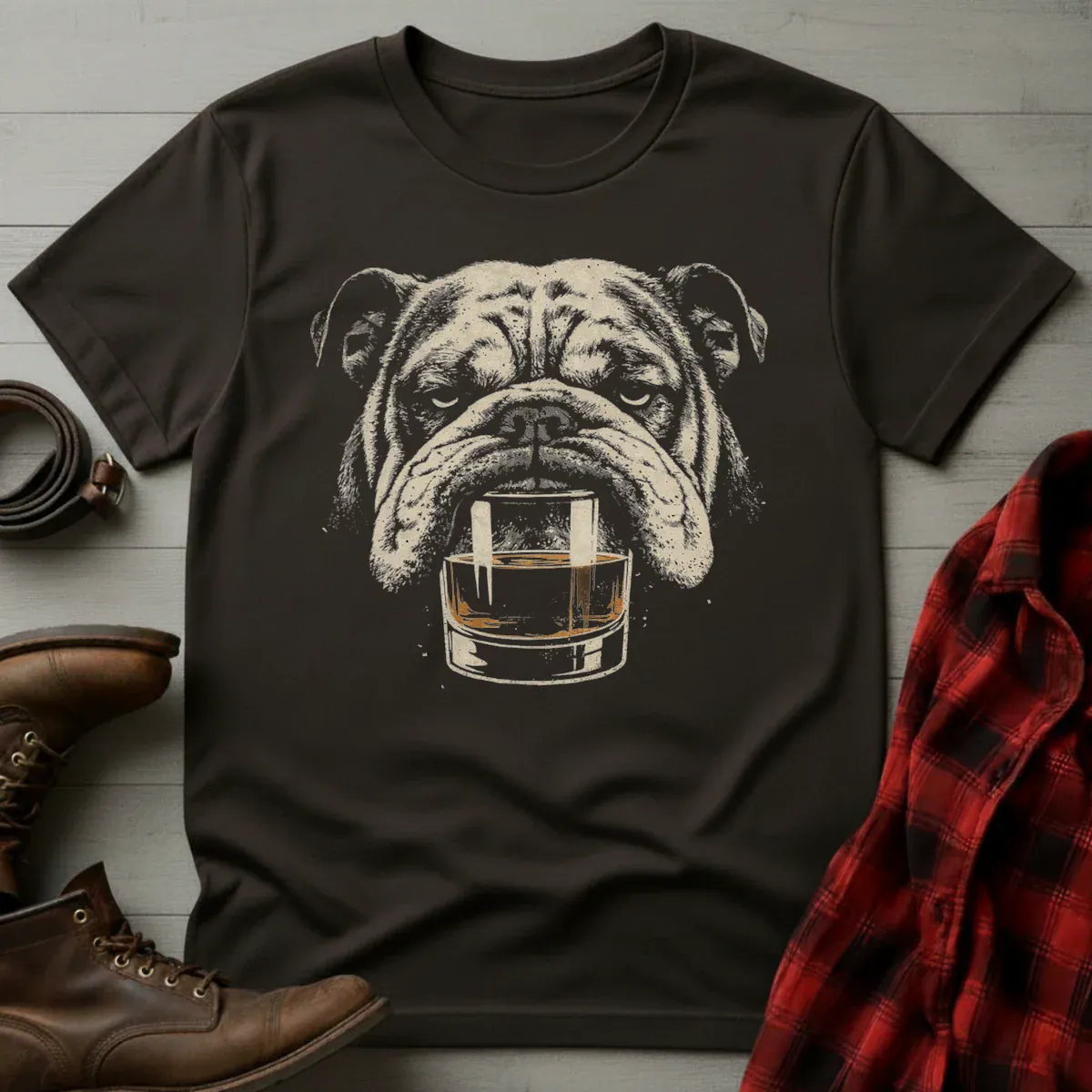 Whiskey English Bulldog on Glass Grunge T-Shirt