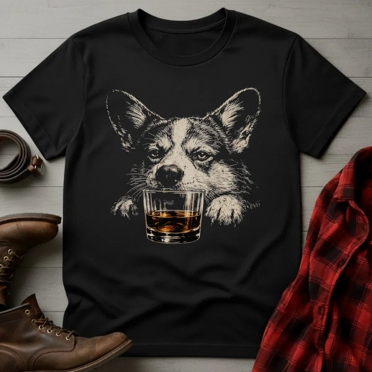 Whiskey Corgi Grunge T-Shirt