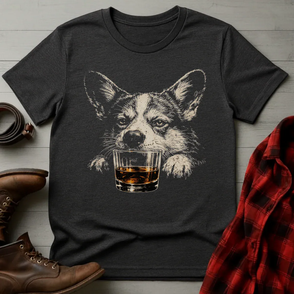 Whiskey Corgi Grunge T-Shirt