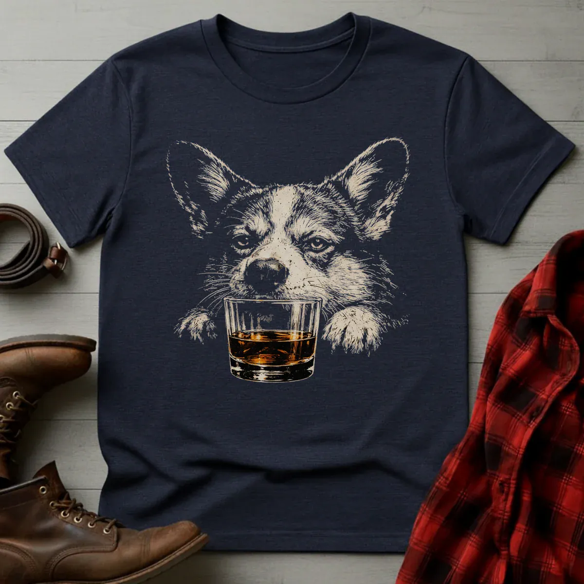 Whiskey Corgi Grunge T-Shirt
