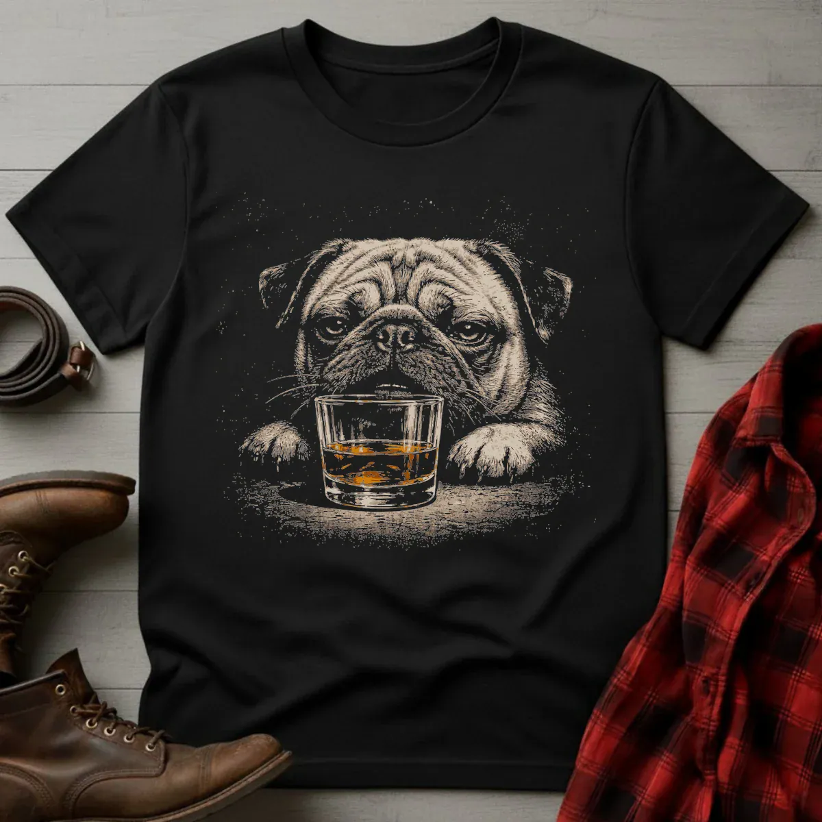 Whiskey Pug Grunge T-Shirt