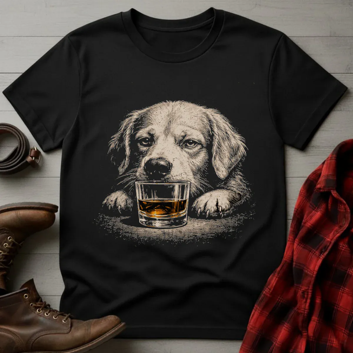 Whiskey Golden Retriever on Glass Grunge T-Shirt