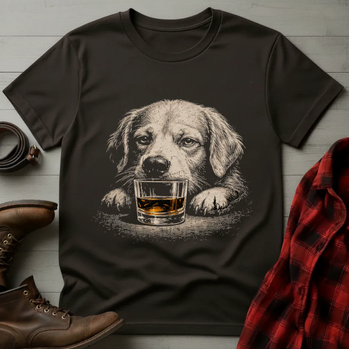 Whiskey Golden Retriever on Glass Grunge T-Shirt