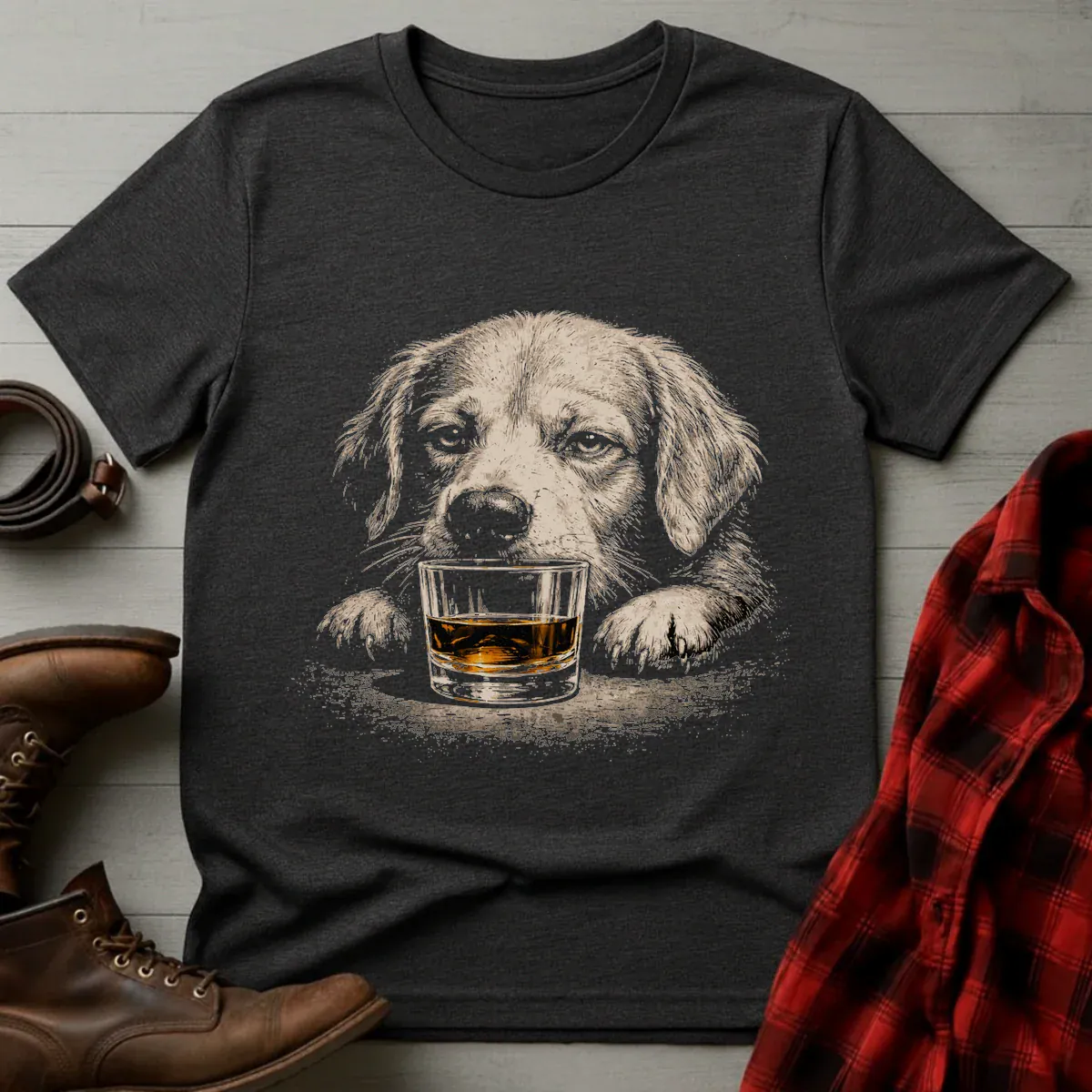 Whiskey Golden Retriever on Glass Grunge T-Shirt