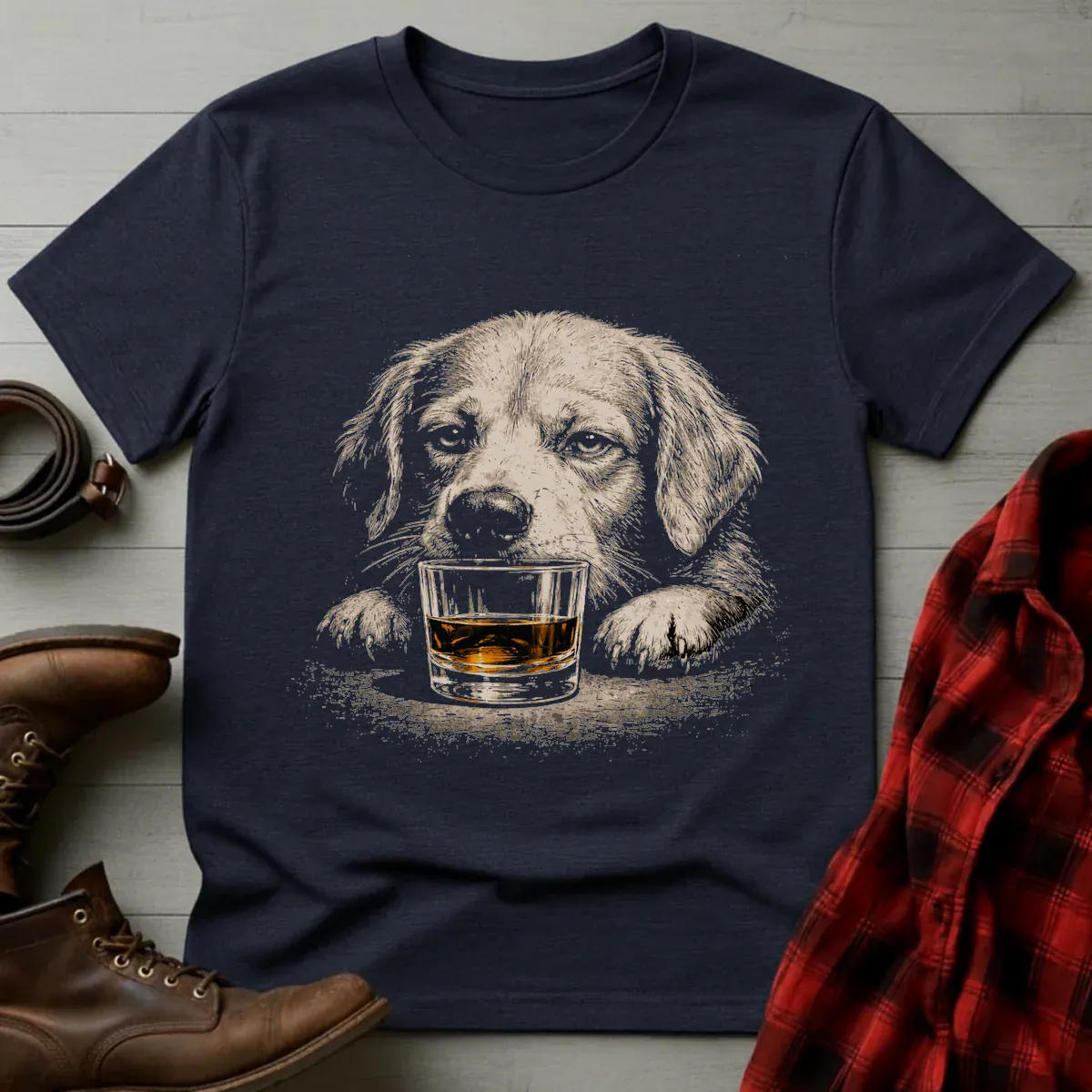 Whiskey Golden Retriever on Glass Grunge T-Shirt