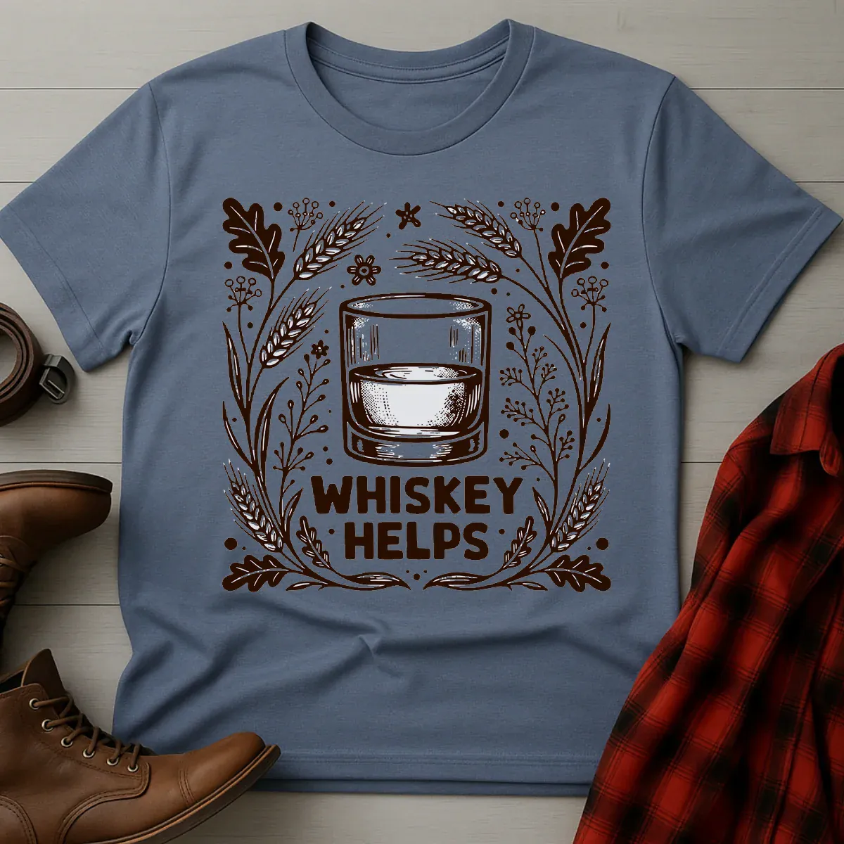 Whiskey Helps Etched Illustration T-Shirt