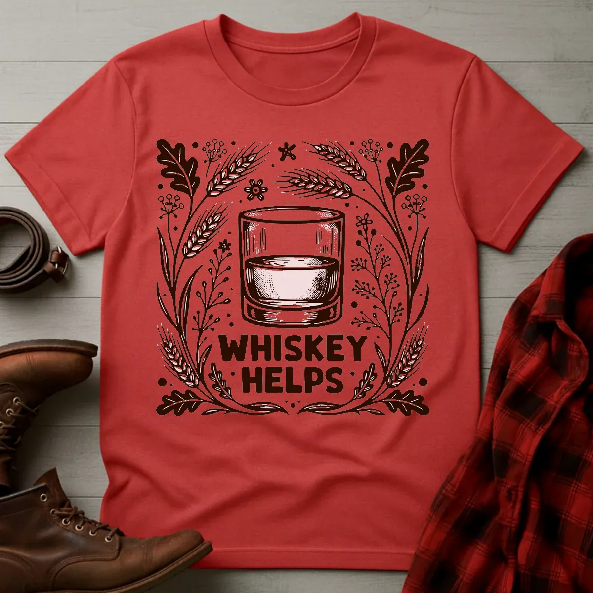 Whiskey Helps Etched Illustration T-Shirt