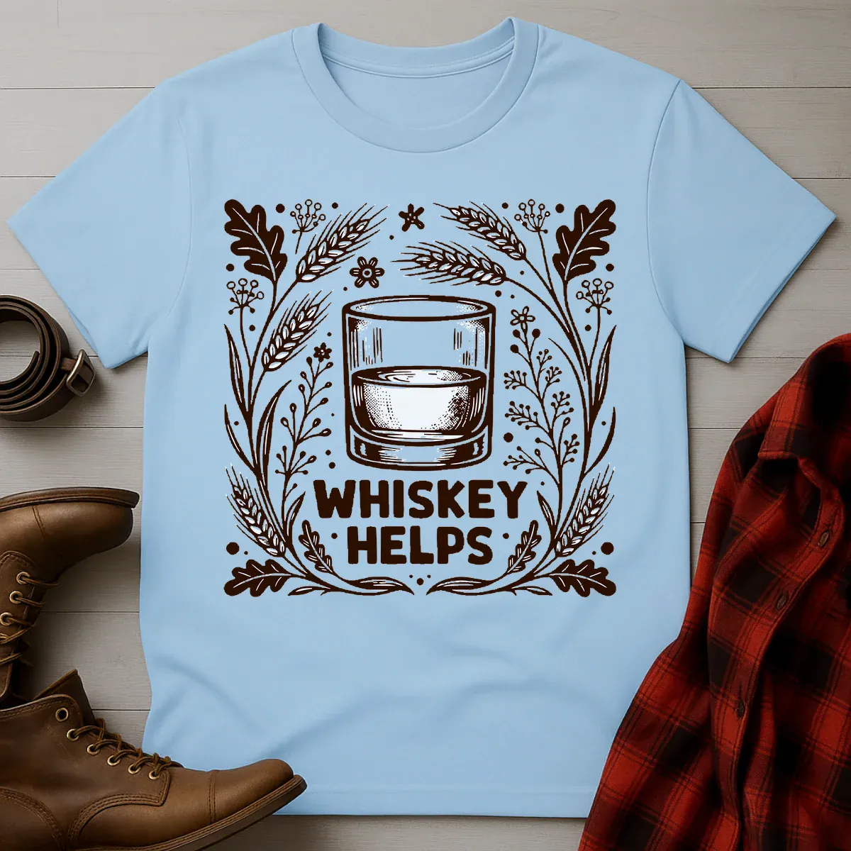 Whiskey Helps Etched Illustration T-Shirt