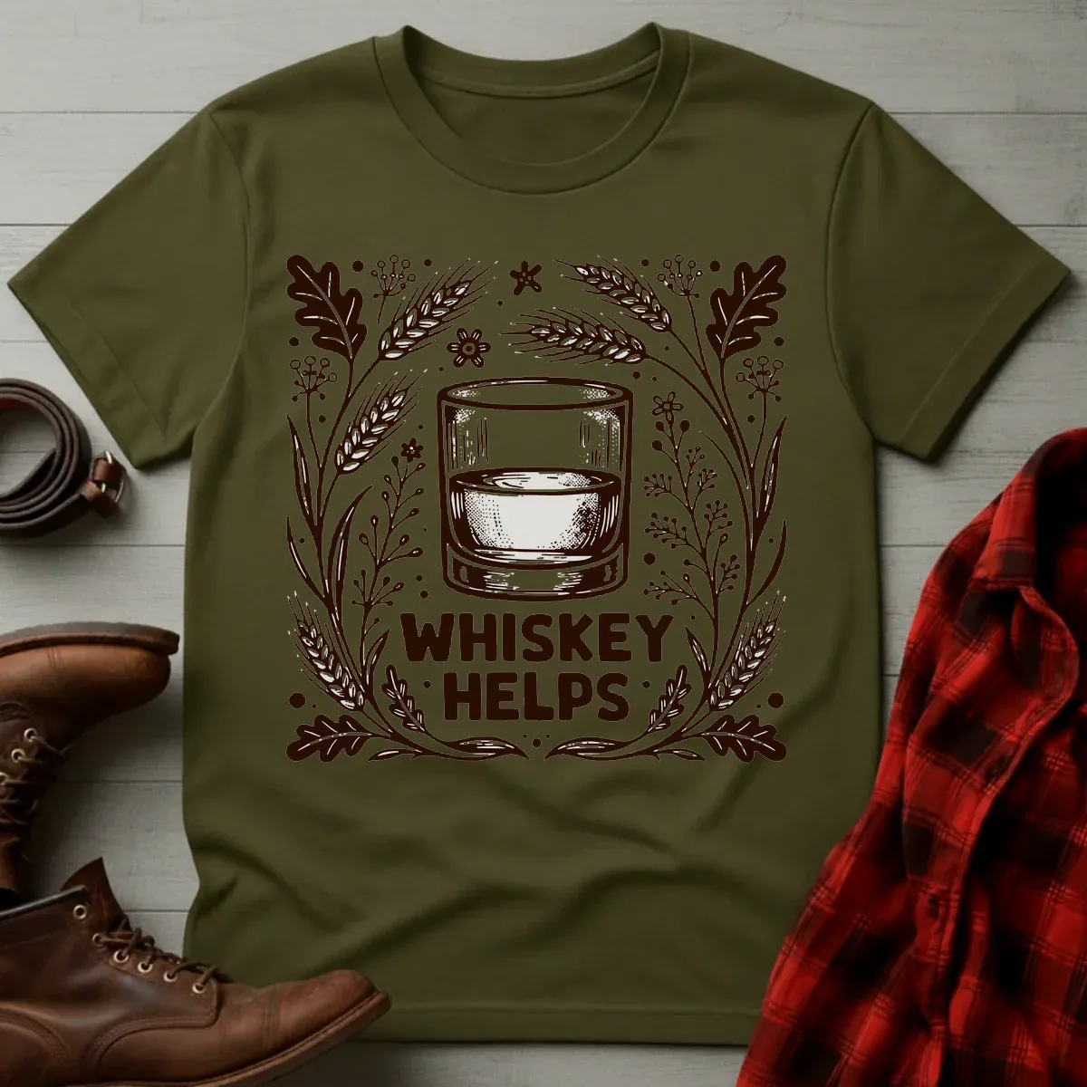 Whiskey Helps Etched Illustration T-Shirt