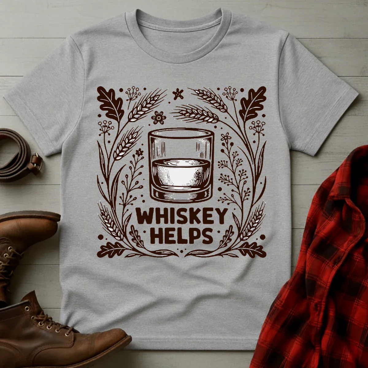 Whiskey Helps Etched Illustration T-Shirt