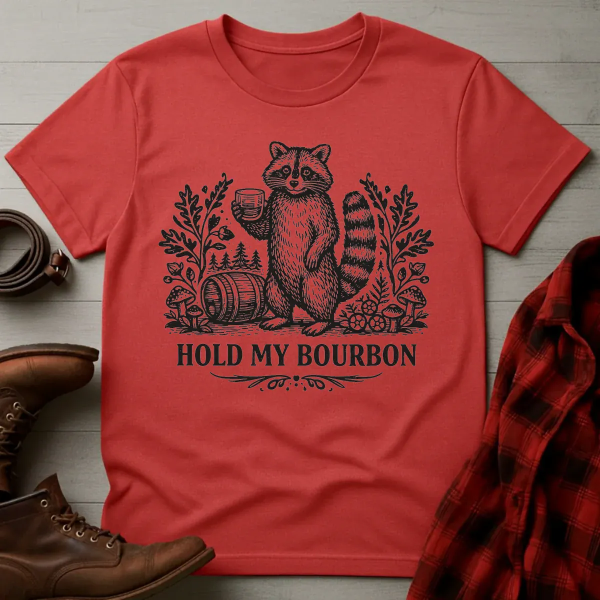 Hold My Bourbon Raccoon Etching T-Shirt