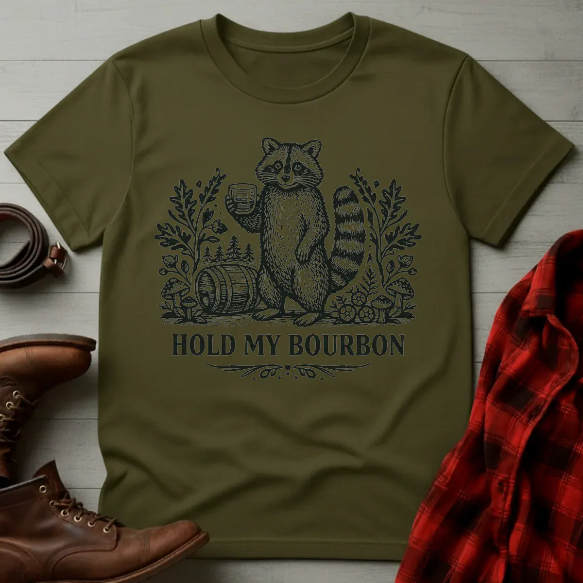 Hold My Bourbon Raccoon Etching T-Shirt