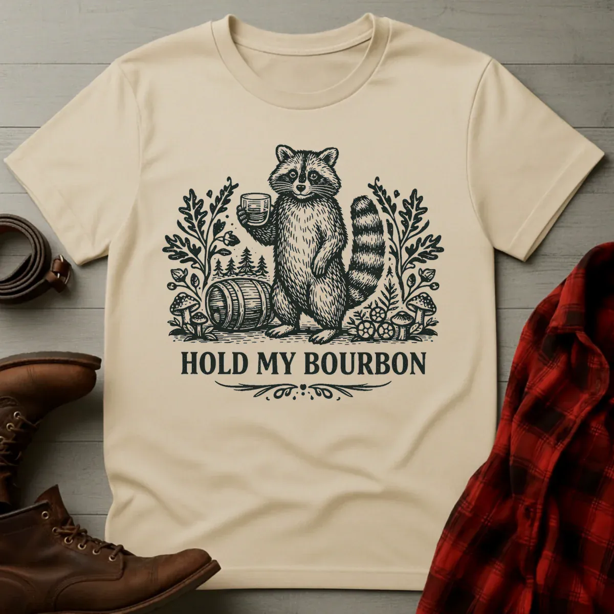 Hold My Bourbon Raccoon Etching T-Shirt