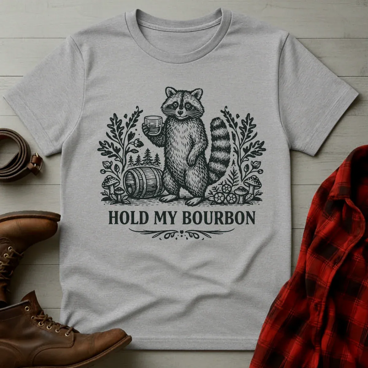 Hold My Bourbon Raccoon Etching T-Shirt