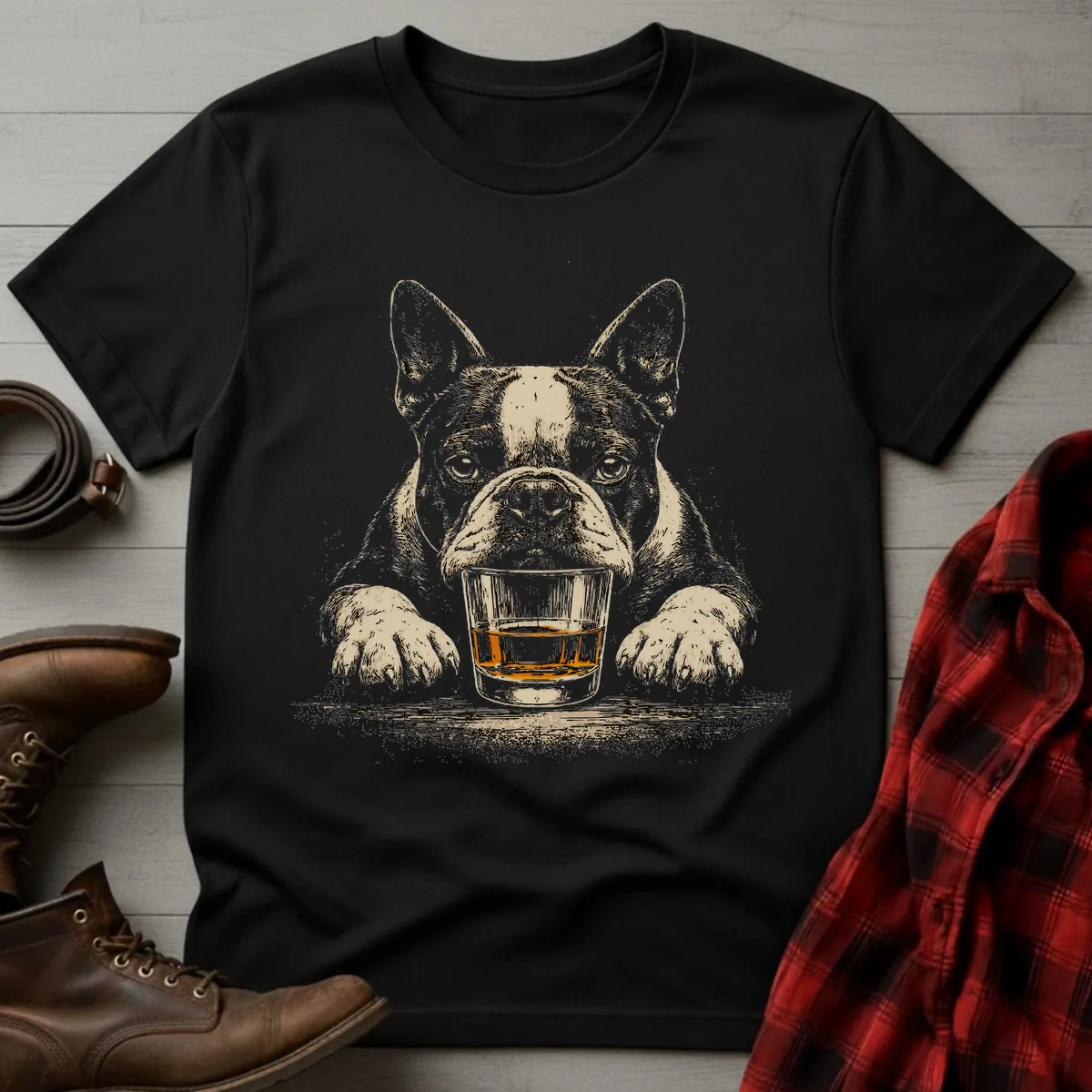 Whiskey Dog Boston Terrier Grunge T-Shirt