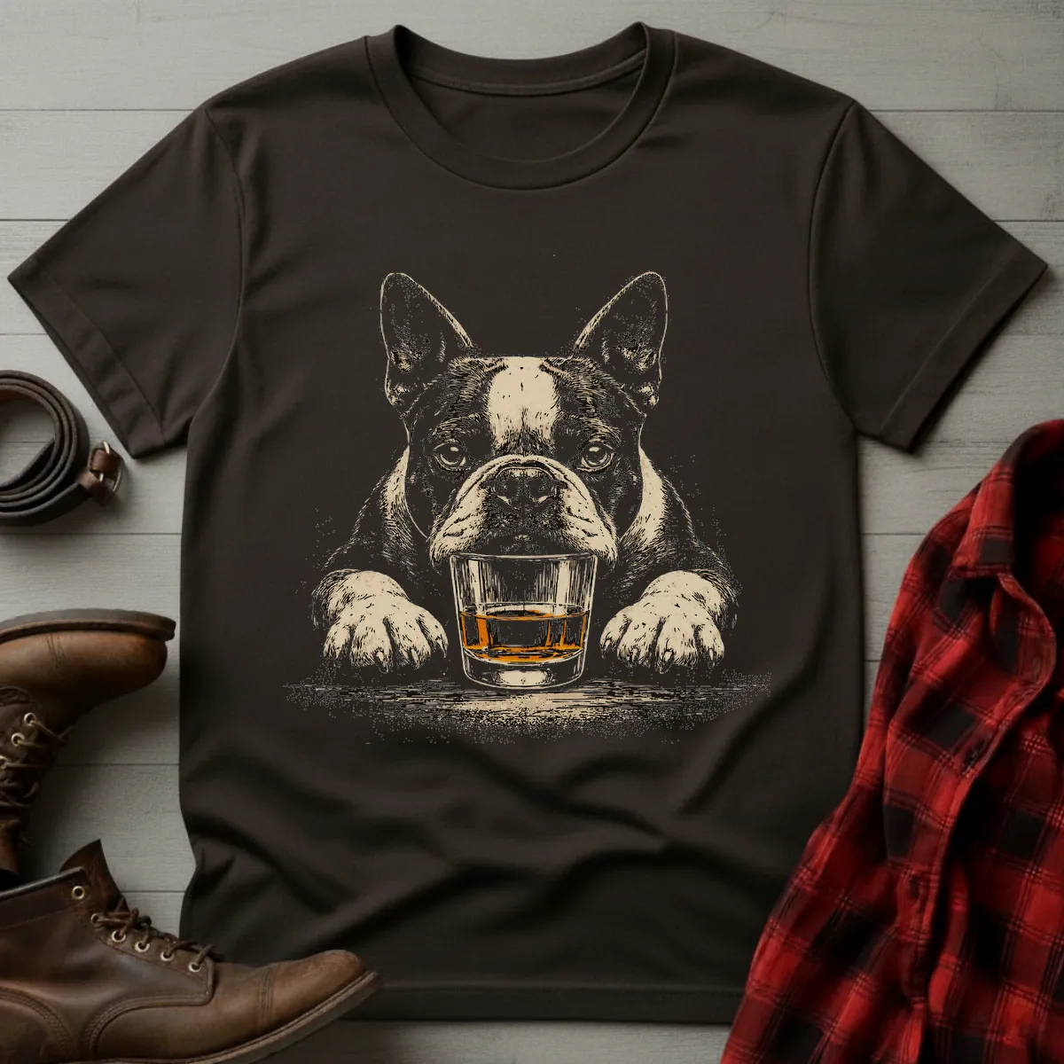 Whiskey Dog Boston Terrier Grunge T-Shirt