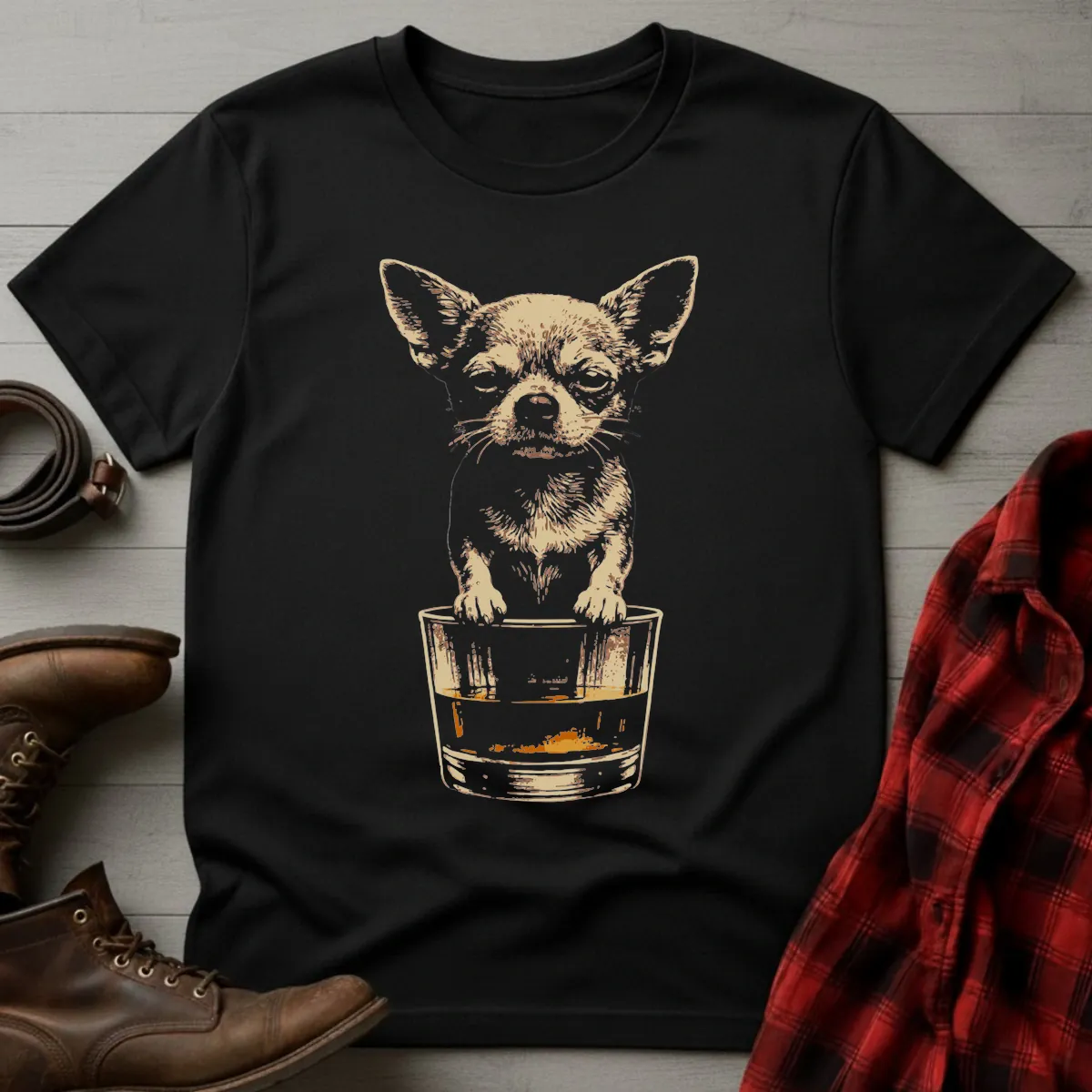 Whiskey Dog Chihuahua on Glass Grunge T-Shirt