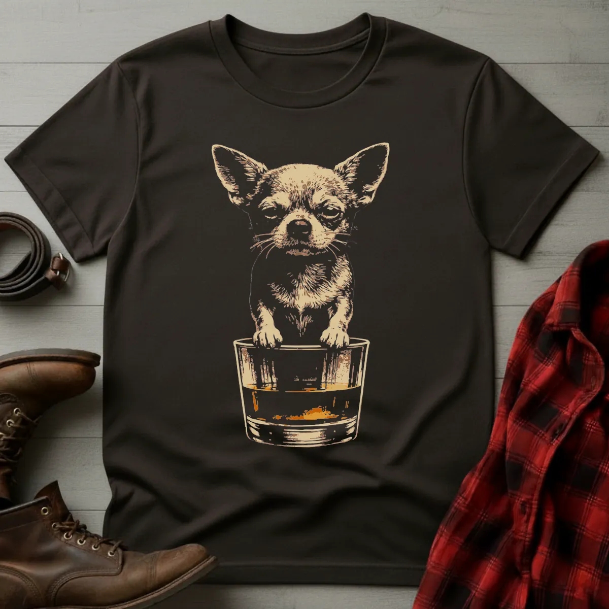 Whiskey Dog Chihuahua on Glass Grunge T-Shirt