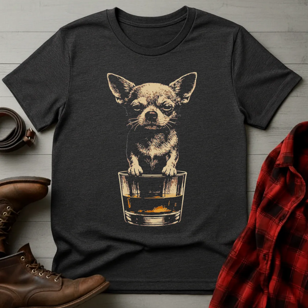 Whiskey Dog Chihuahua on Glass Grunge T-Shirt