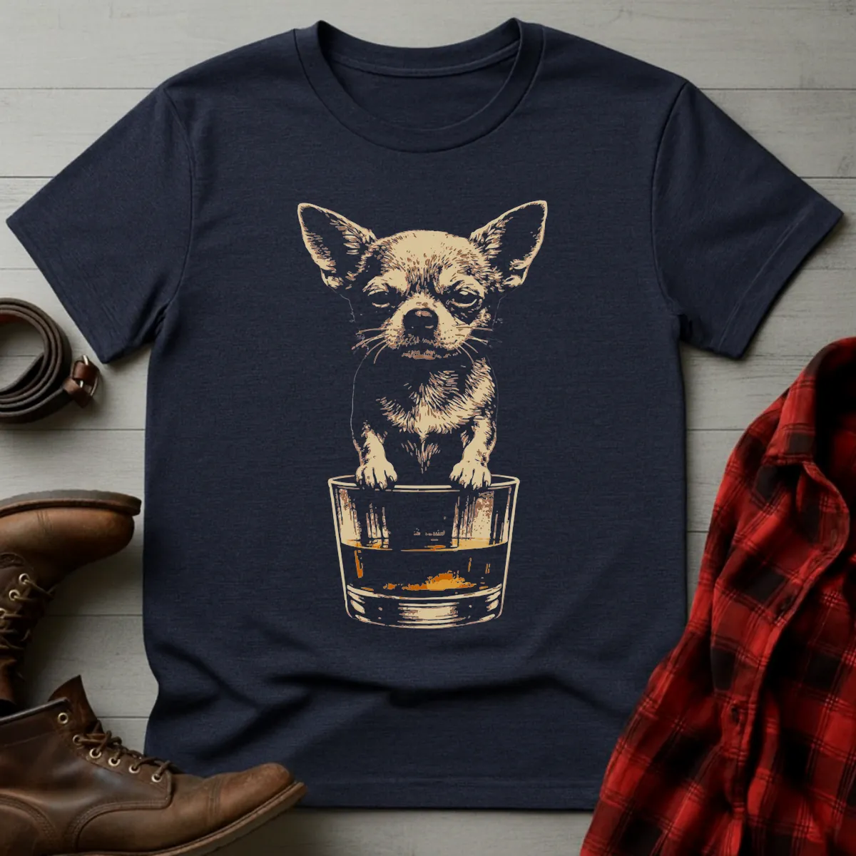 Whiskey Dog Chihuahua on Glass Grunge T-Shirt