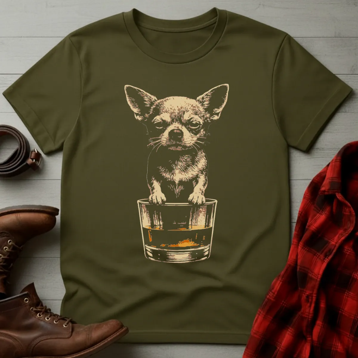 Whiskey Dog Chihuahua on Glass Grunge T-Shirt