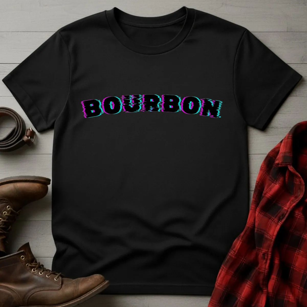 Bourbon Glitch Neon Typography T-Shirt