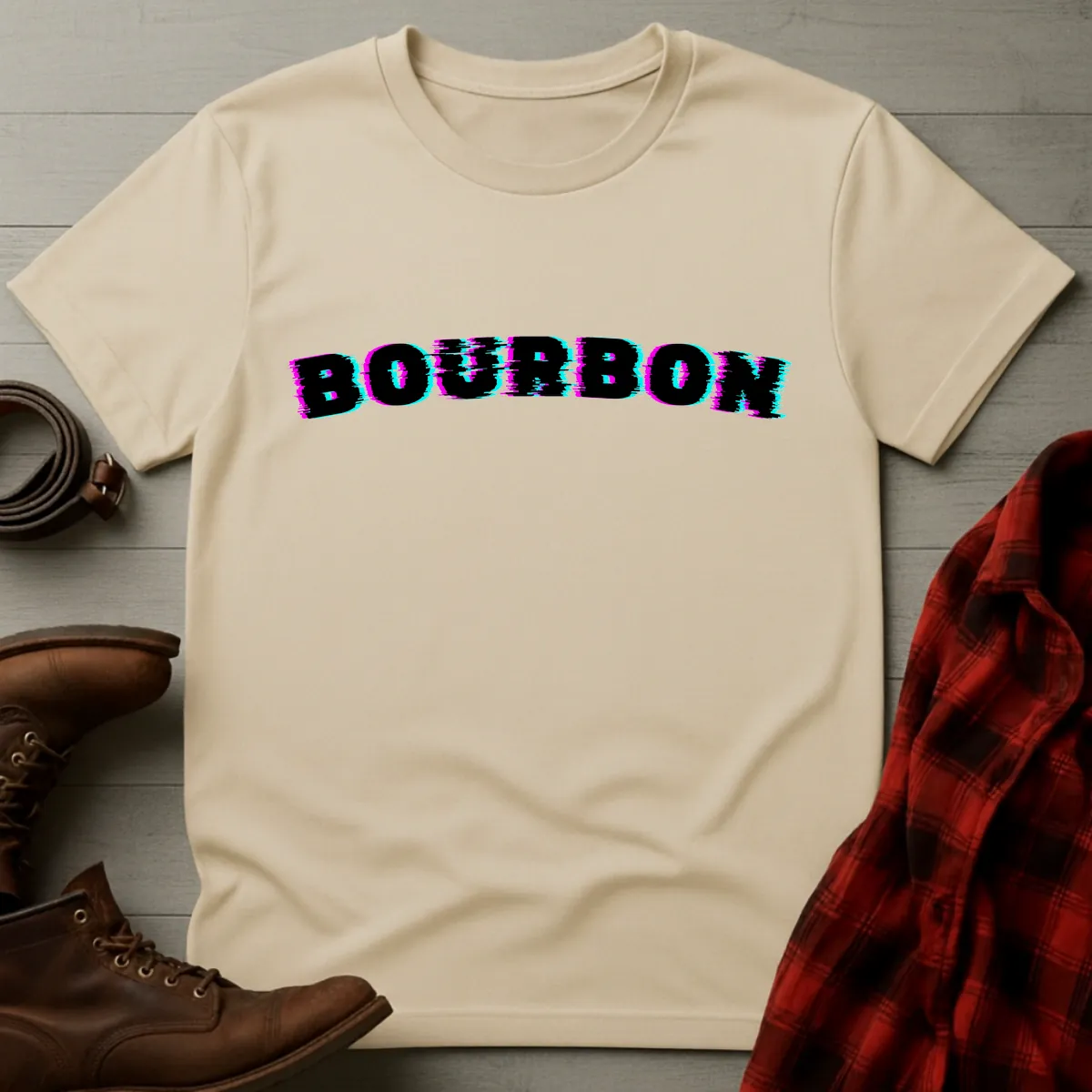 Bourbon Glitch Neon Typography T-Shirt