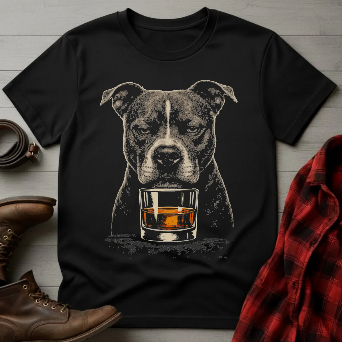 Whiskey Dog Pitbull Uncropped Ears T-Shirt