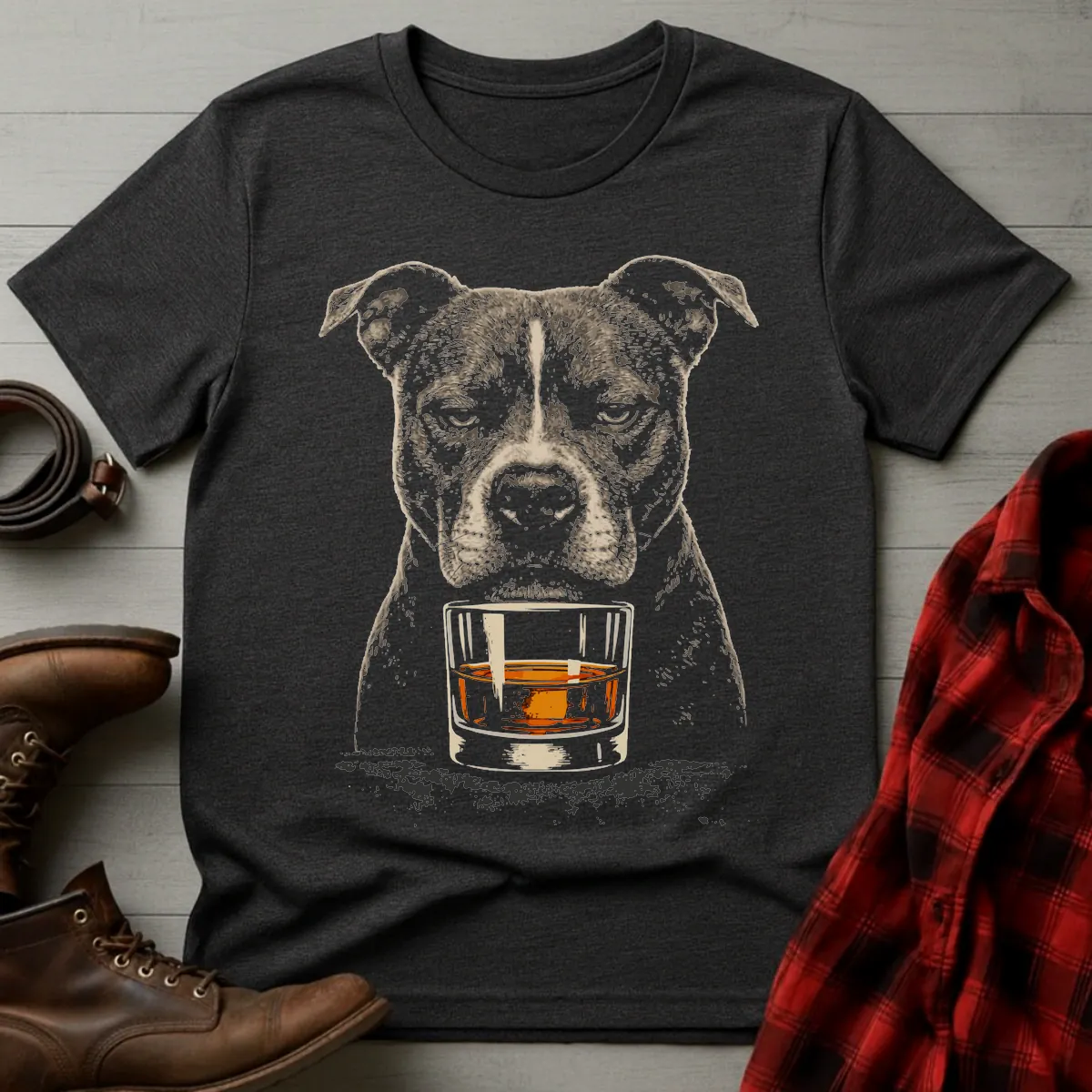 Whiskey Dog Pitbull Uncropped Ears T-Shirt