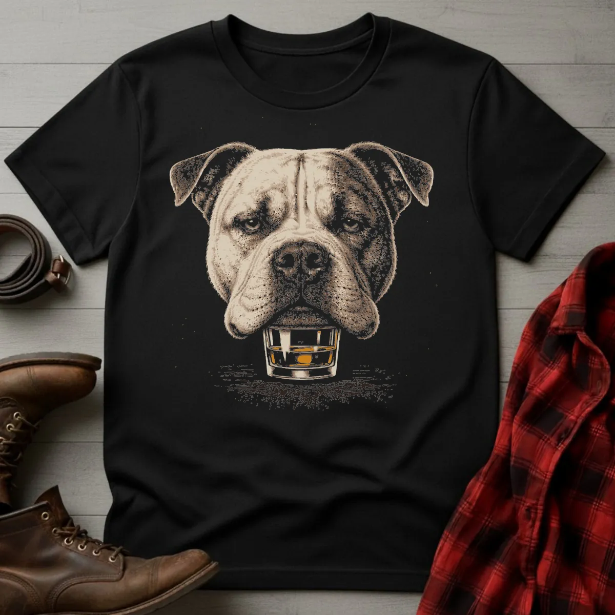 Whiskey Dog American Bulldog on Glass T-Shirt
