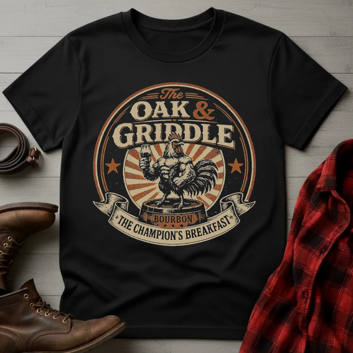 Oak and Griddle Champions Breakfast Rooster T-Shirt