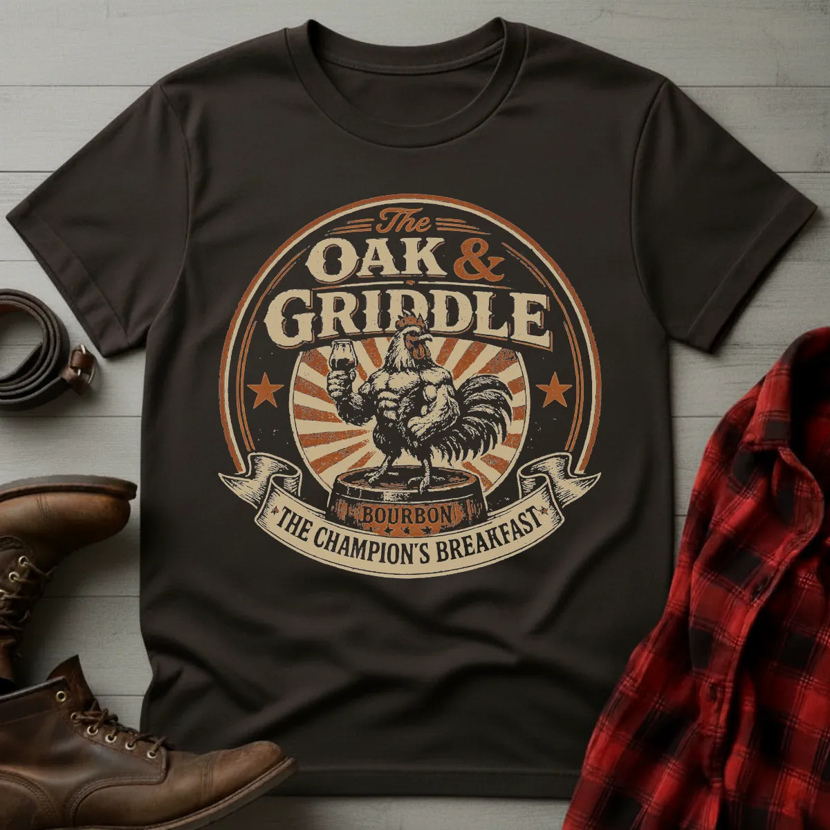 Oak and Griddle Champions Breakfast Rooster T-Shirt