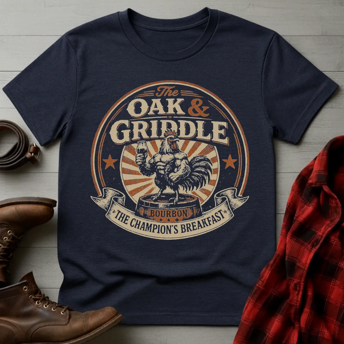 Oak and Griddle Champions Breakfast Rooster T-Shirt