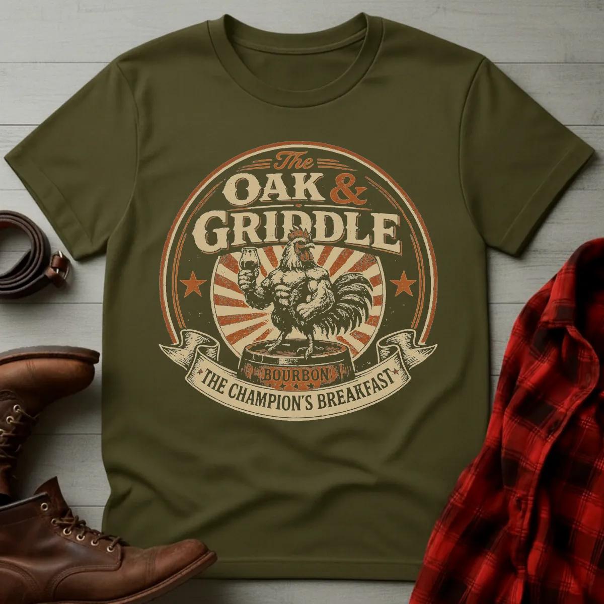 Oak and Griddle Champions Breakfast Rooster T-Shirt