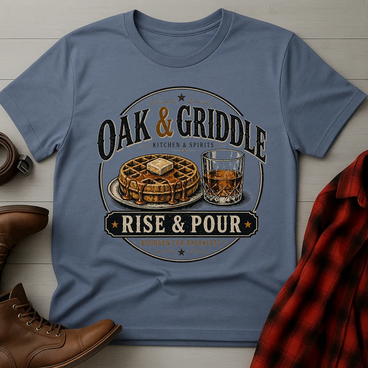 Oak and Griddle Rise and Pour Bourbon Breakfast T-Shirt