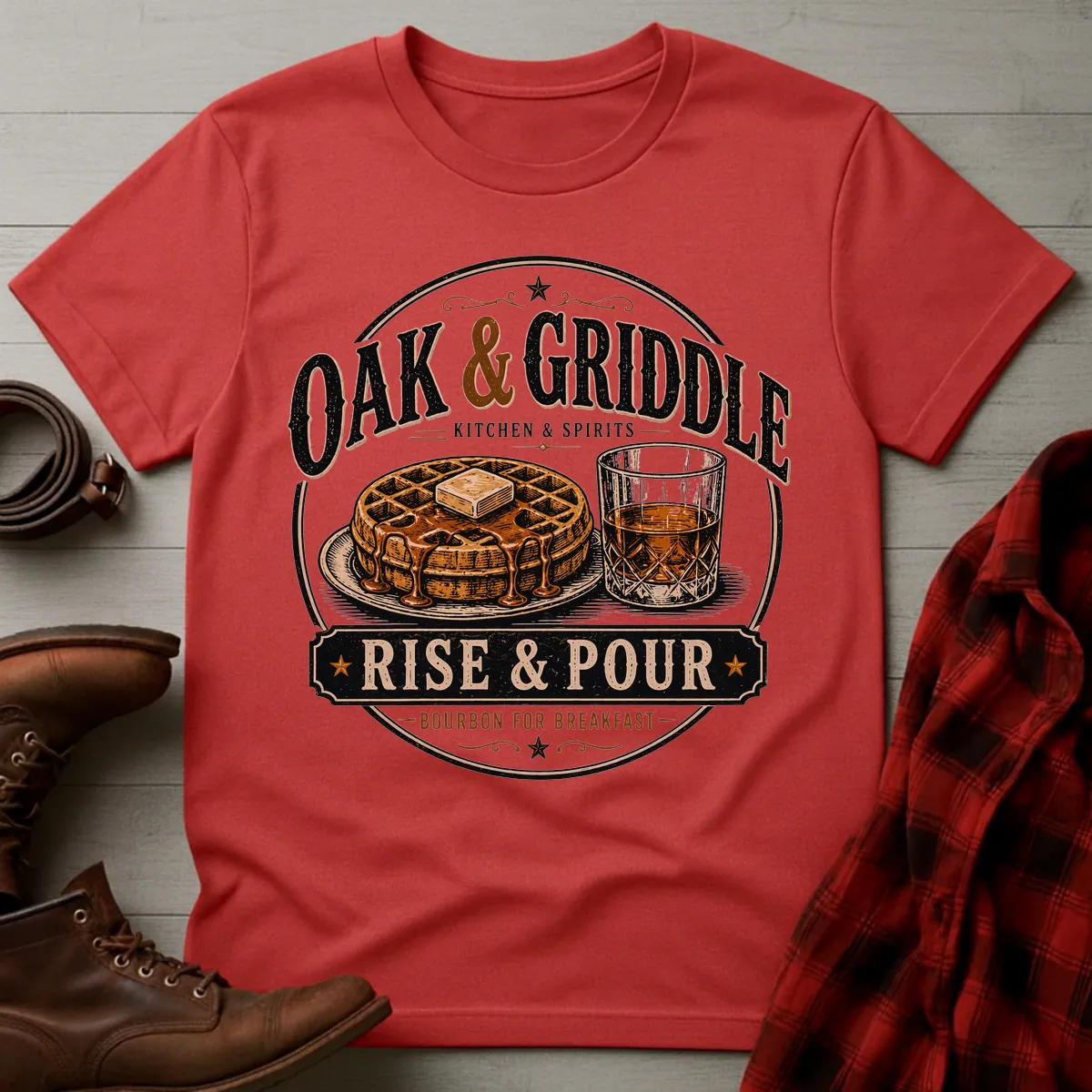Oak and Griddle Rise and Pour Bourbon Breakfast T-Shirt