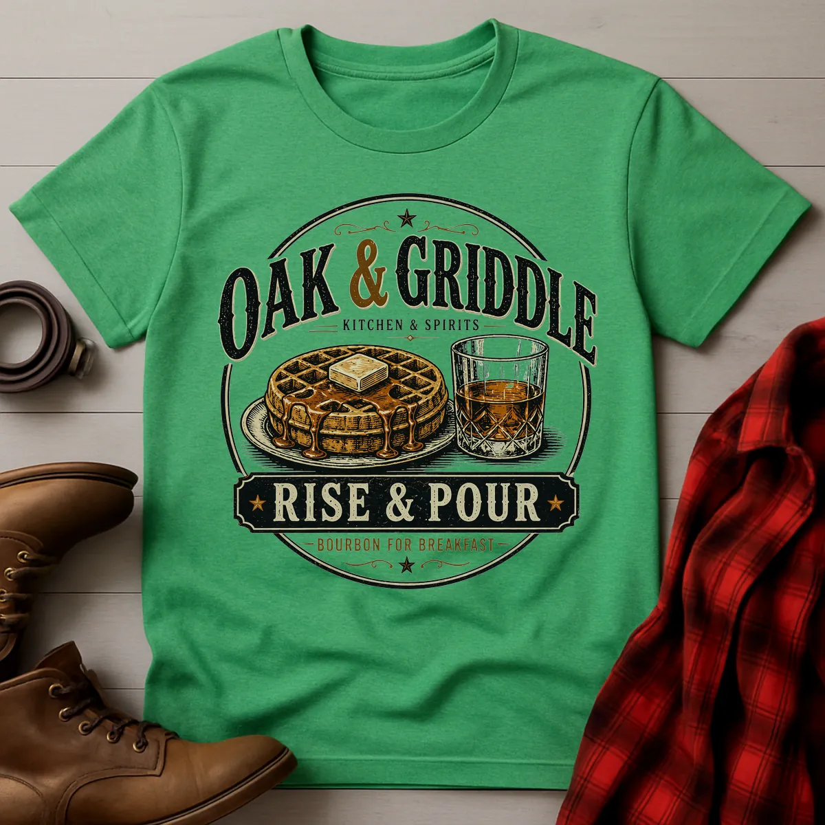 Oak and Griddle Rise and Pour Bourbon Breakfast T-Shirt