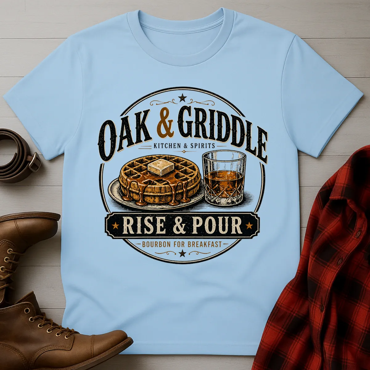 Oak and Griddle Rise and Pour Bourbon Breakfast T-Shirt
