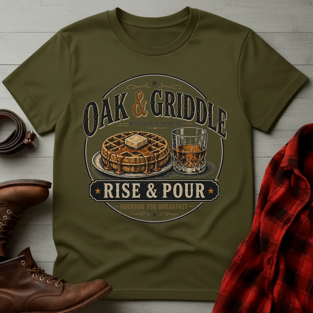 Oak and Griddle Rise and Pour Bourbon Breakfast T-Shirt