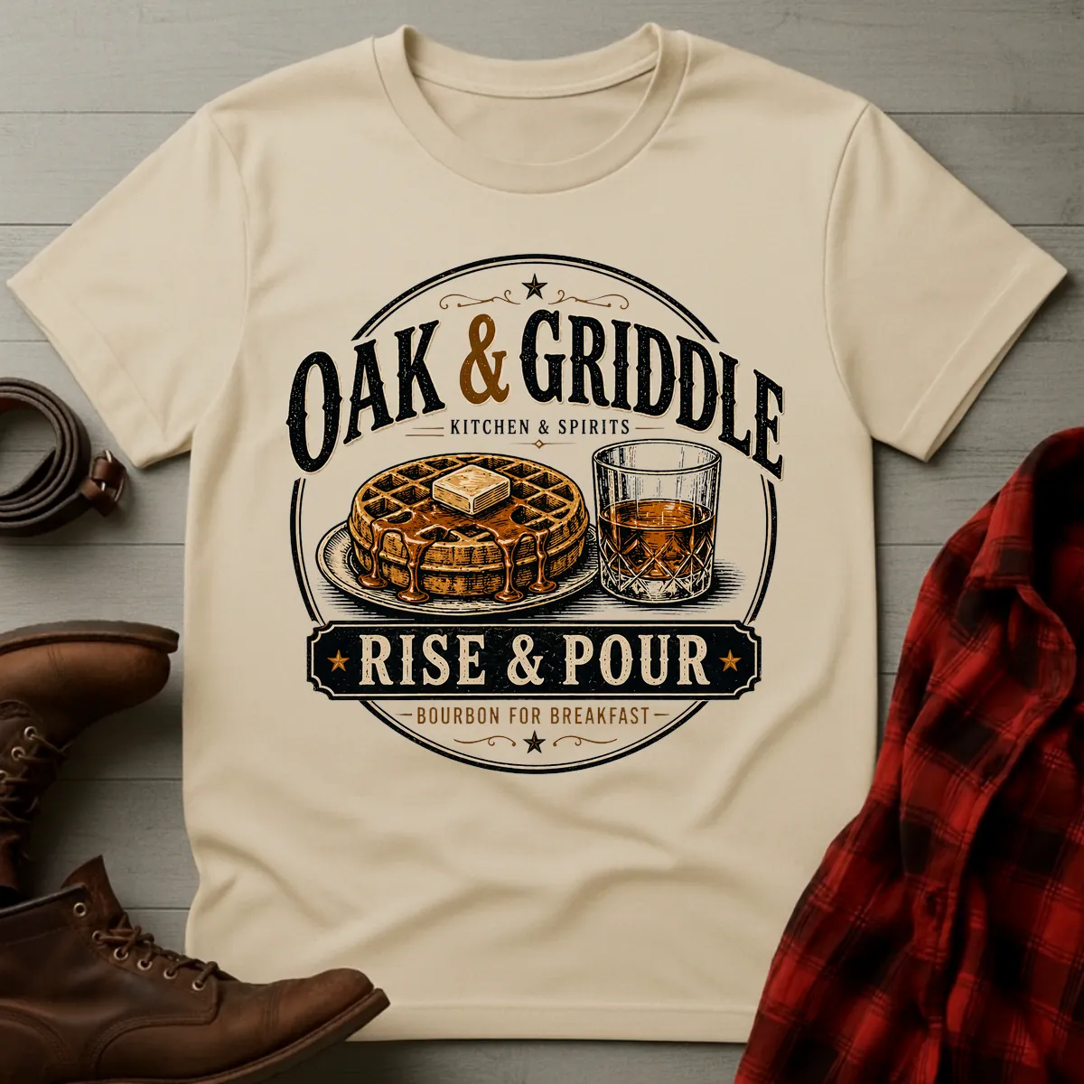 Oak and Griddle Rise and Pour Bourbon Breakfast T-Shirt