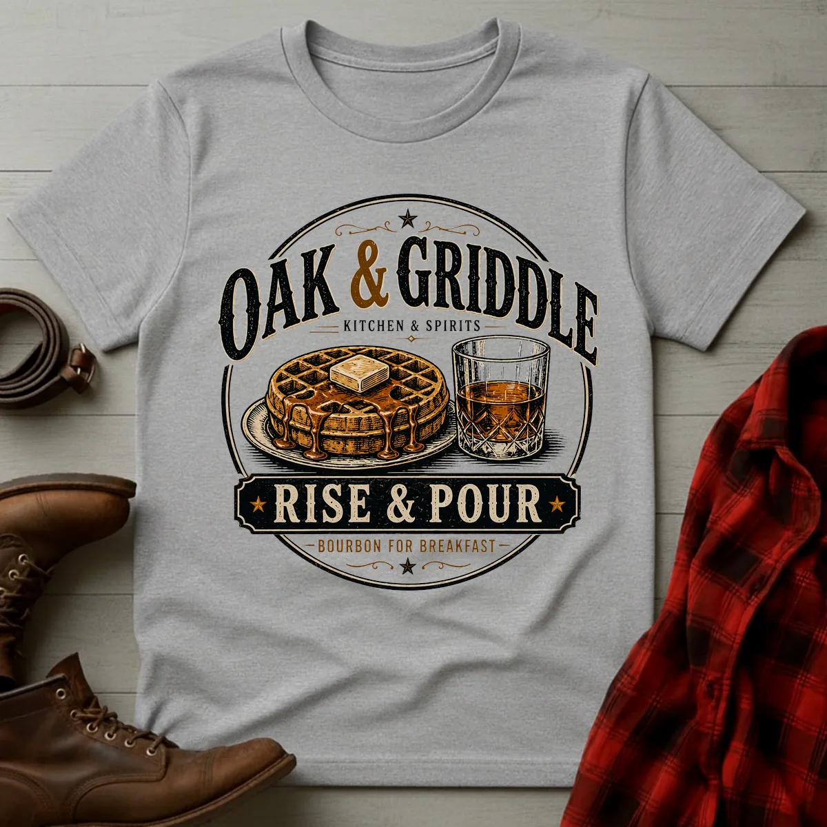 Oak and Griddle Rise and Pour Bourbon Breakfast T-Shirt