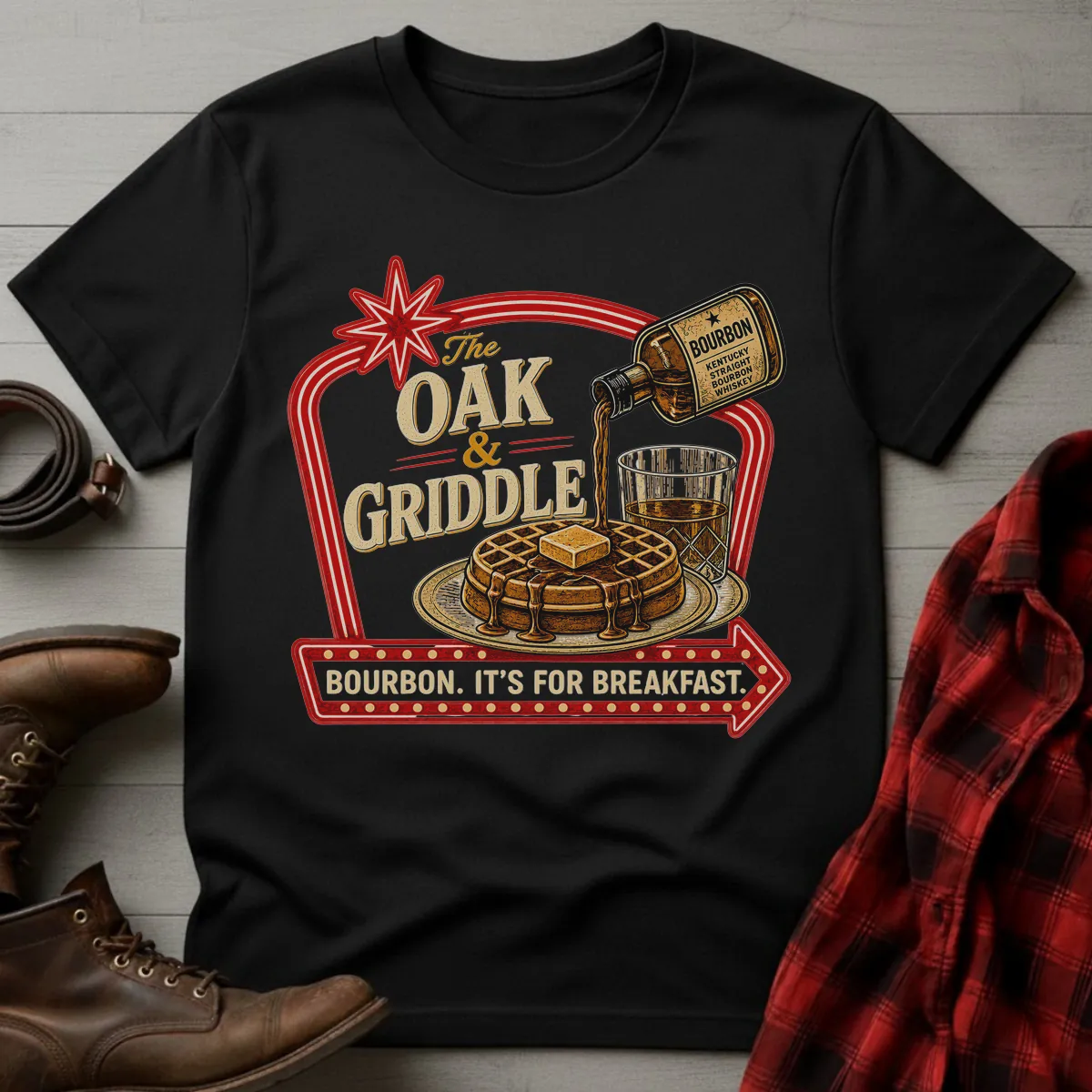 Oak and Griddle Bourbon Breakfast Diner Sign T-Shirt