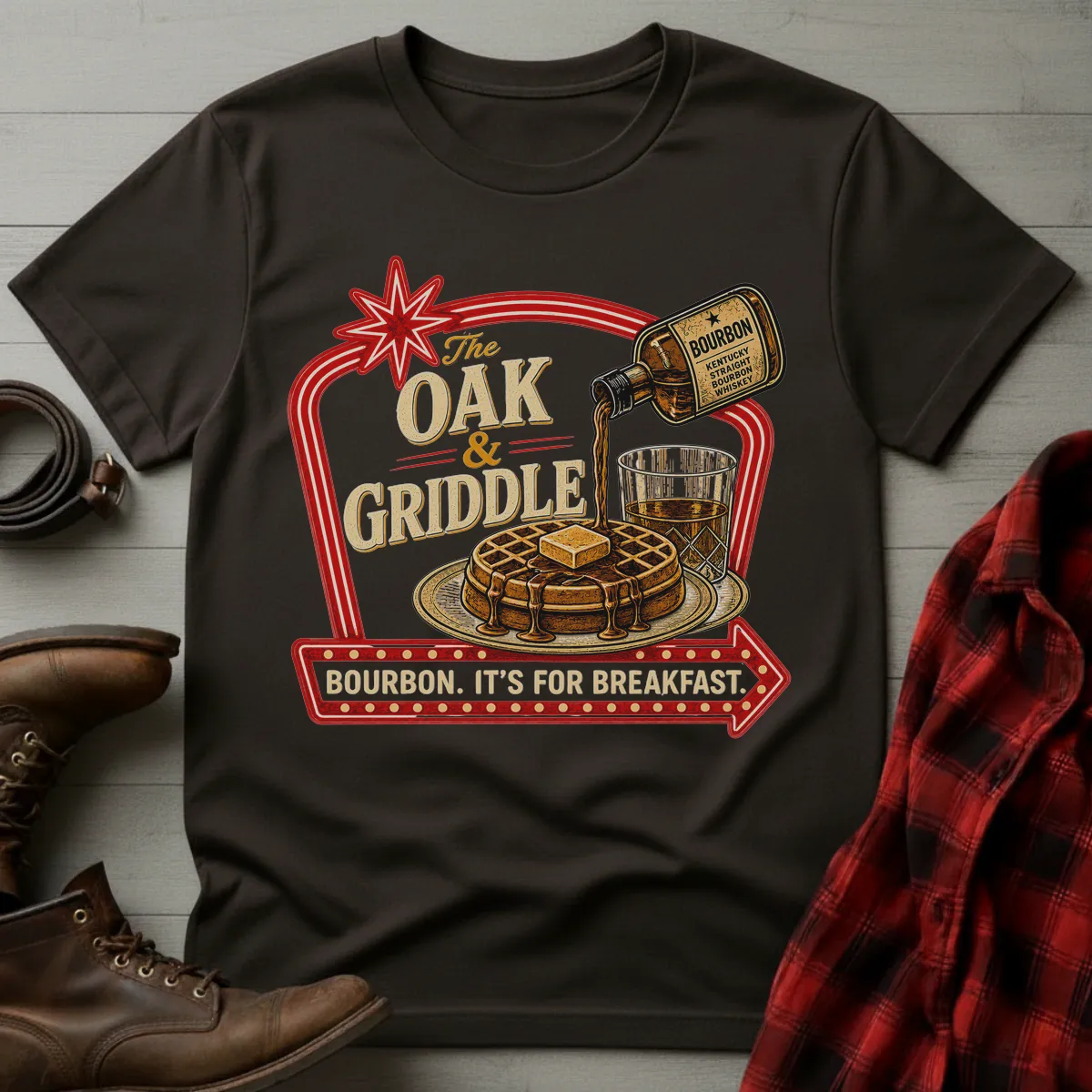 Oak and Griddle Bourbon Breakfast Diner Sign T-Shirt