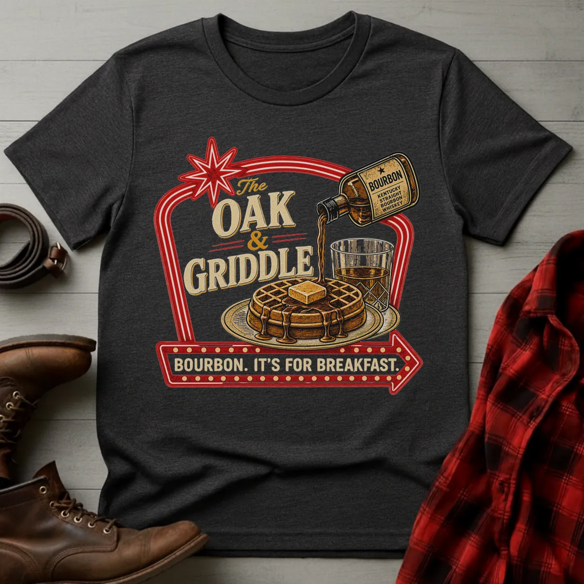 Oak and Griddle Bourbon Breakfast Diner Sign T-Shirt