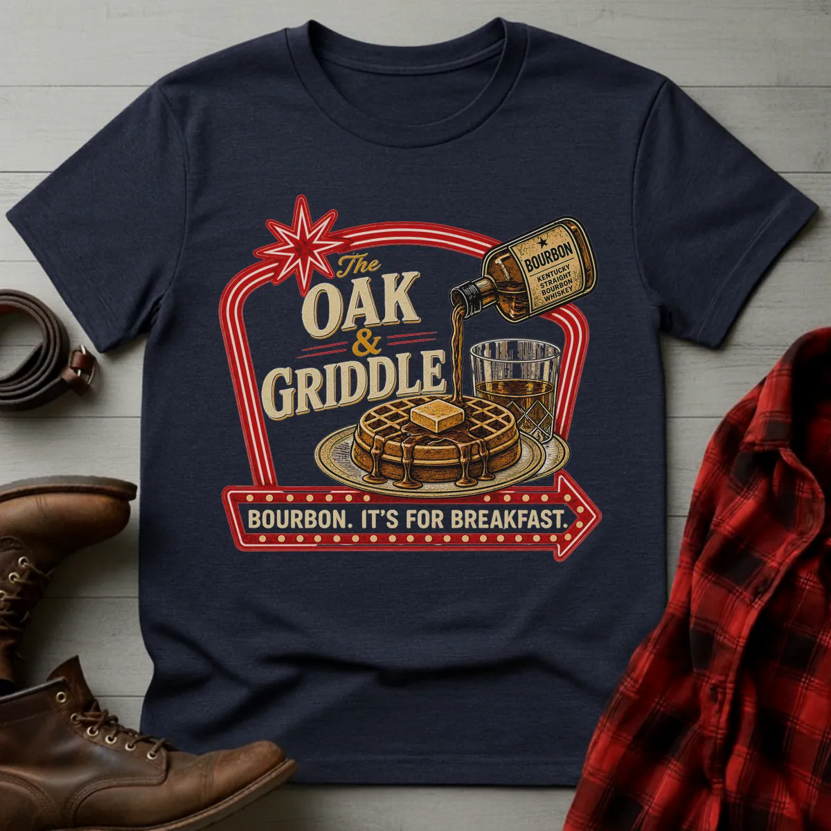 Oak and Griddle Bourbon Breakfast Diner Sign T-Shirt