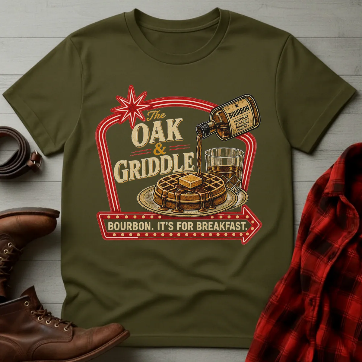 Oak and Griddle Bourbon Breakfast Diner Sign T-Shirt