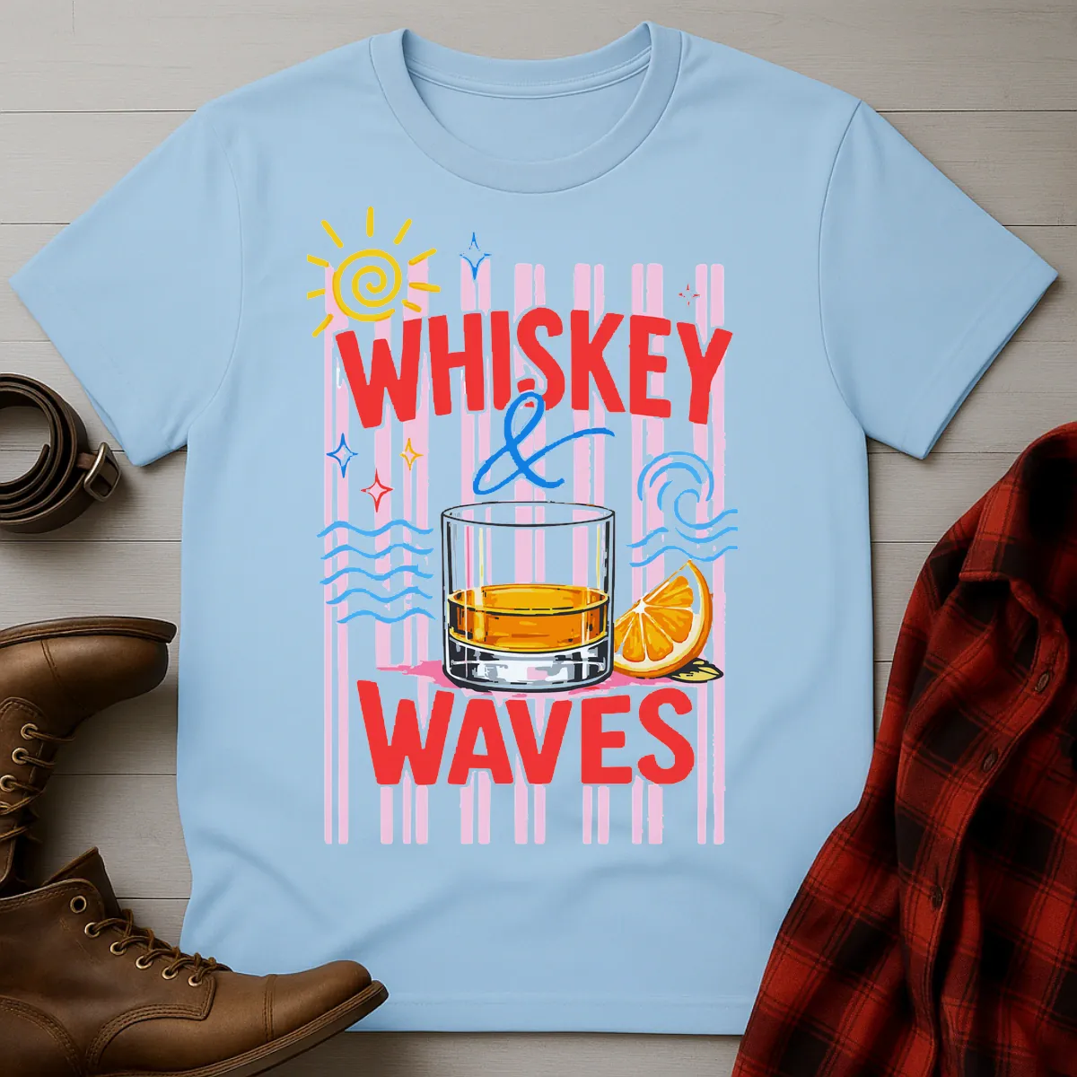 Whiskey and Waves Retro Beach T-Shirt