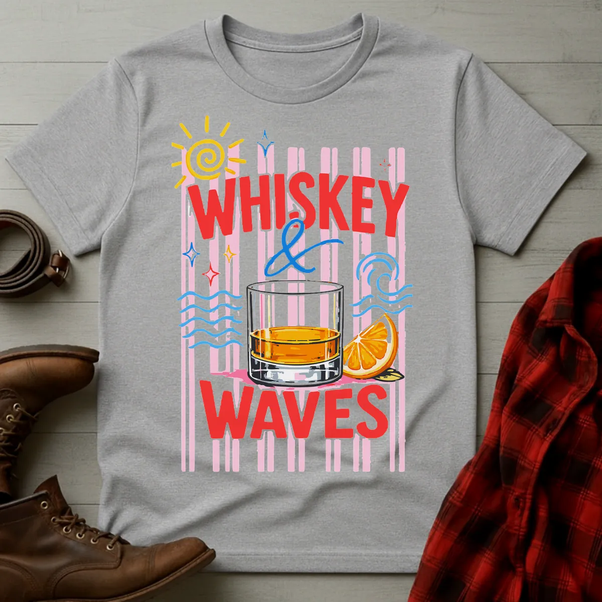 Whiskey and Waves Retro Beach T-Shirt