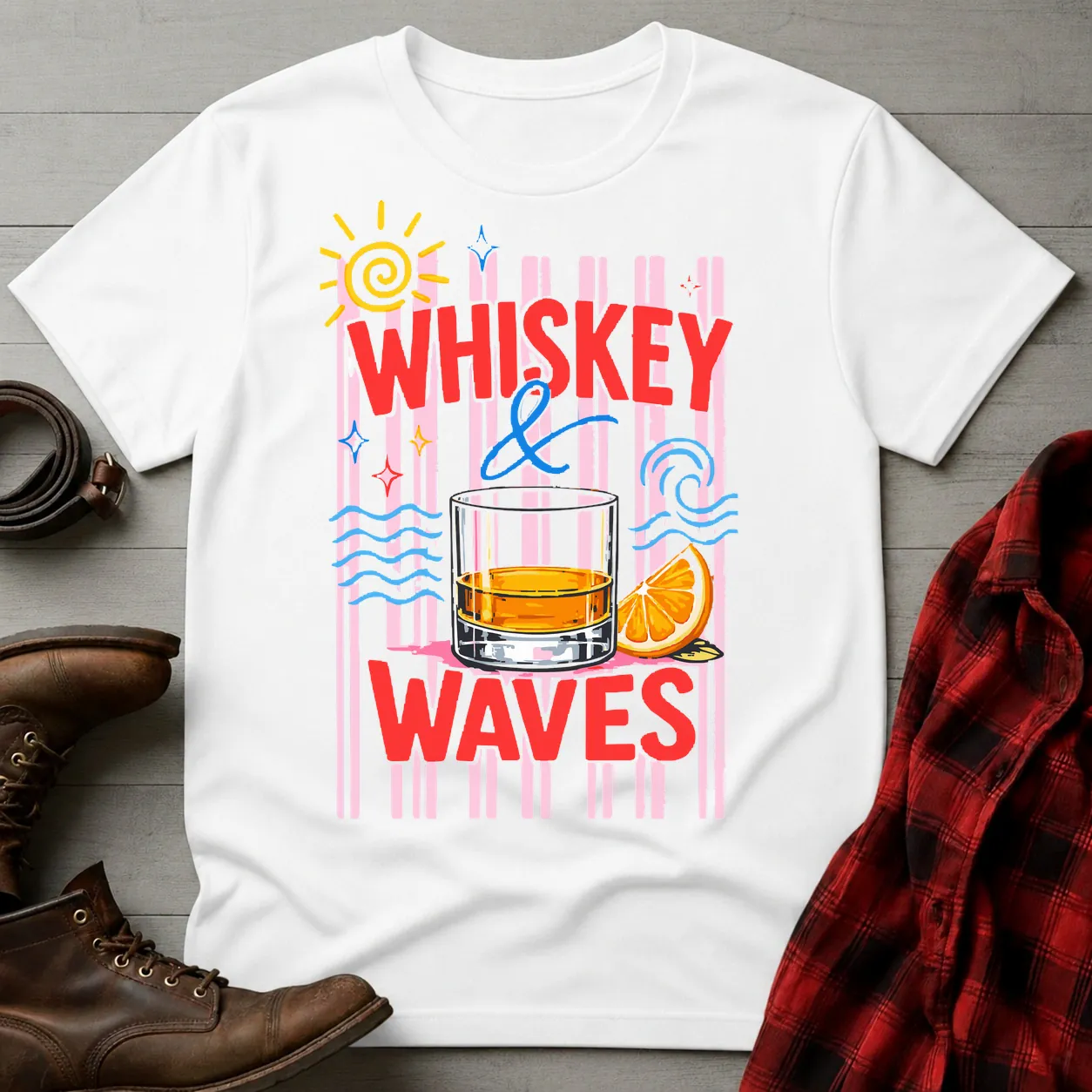Whiskey and Waves Retro Beach T-Shirt