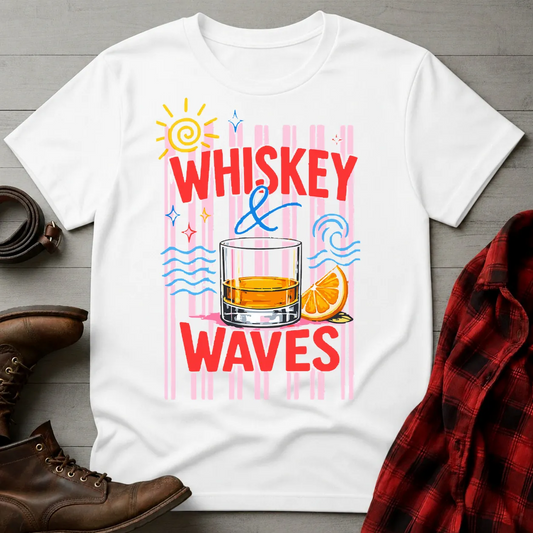 Whiskey and Waves Retro Beach T-Shirt